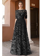 billige Gulvlengde-A-linje Kjoler Gulvlengde Festkjole Cocktail Kjole Gjestekjole til bryllup Kjole til brudens mor Halvlange ermer Crew-hals Illusjon Hals Elegant Årgang Formell Blonder Tyll med 3D-blomster Broderi