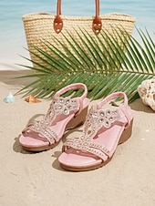 economico Sandali con zeppa-sandali con zeppa boho da donna color cielo con decorazioni floreali in cristallo – eleganti sandali con cinturino a T e strass per vacanze al mare, resort esotici &amp;viaggiatori eleganti