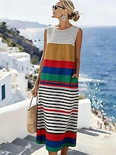 billiga Randiga och geometriska klänningar-Kvinnors Midi Klänning Linne Likt Sommardress Skift Klänning Semester Avslappnad Strand Utgång Regelbunden Passform Grafisk Geometrisk Ärmlös Rund Hals Blå Gul Röd Sommar Vår