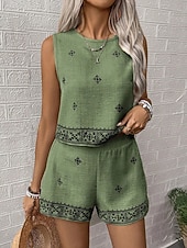 abordables Ensembles-Femmes Ensemble effet lin Ensembles de Shorts Sans manches Col ras du cou Géométrique Imprimé Élégant Mode Streetwear Occasionnel Quotidien Extérieur Bleu Kaki Vert Été Coupe régulière