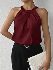 tanie Zwykły zbiornik-Damskie Elegancki Top satynowy Satynowa koszula Koszula obozowa Z marszczeniami Jednokolorowe Elegancki Podstawowy Codzienny Bez rękawów Kantarka Zwykłe topy Codzienny Święto Wyjściowe Czarny Biały
