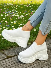 billiga Damsneakers-vita stickade slip-on-platåskor med kilklack för kvinnor – bekväma, grova athleisure-skor för dagliga promenader, ärenden och resor