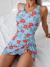 abordables Nadar-Mujer Bañadores Una pieza Monokini Vestido de Baño Burkini Traje de baño Control de barriga Alta cintura Delgado Espalda al Aire Vacaciones Ropa de playa Floral Graphic Escote en Pico Sin Mangas