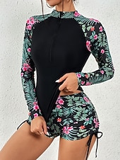 levne Tankiny-Dámské Plavky Tankini 2 ks Kraťasy Plavky Zaštíhlující Vysoký pas Štíhlý prázdniny Oblečení na pláž Květinový Stojáček Dlouhý rukáv Plavky