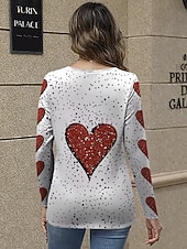preiswerte Kunst &amp; Design T-Shirt-Valentinstag Damen T Shirt Ausschnitt Druck Herz Grafik Vintage Stilvoll Klassisch Langarm V Ausschnitt Normale Oberteile Täglich Weiß Frühling Herbst