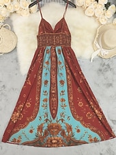 preiswerte Blumenkleider-Damen Maxikleid Sommerkleid A Linie Kleid Unterkleid Urlaub Lässig Boho Outdoor Ausgehen Normale Passform Blumen Ärmellos Spaghettiträger Rote Sommer Frühling