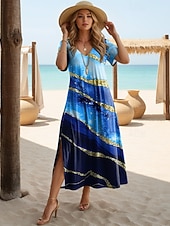 cheap Art&amp;Design Dress-Women's Midi Dress Sundress A Line Dress Vacation Casual Boho Butterfly Sleeve Beach Going out Loose Fit Graphic Rainbow Tribal Short Sleeve V Neck Blue Black White Pink Summer