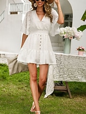 cheap Plain Dress-Women's Mini Dress A Line Dress Vacation Casual Outdoor Going out Regular Fit Solid Color 3/4 Length Sleeve V Neck Black White Pink Beige Summer Spring