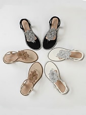 abordables Flat Sandals-Women's Gold Floral Thong Sandals - Elegant Shimmering Flat Sandals with 3D Flower Detail, Comfortable Strappy Dress Shoes for Resort Evenings, Vacation Dinners &amp; Cruise Wear
