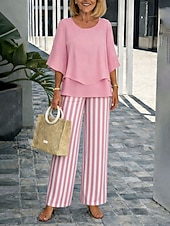  Mujer Conjuntos de pantalones Media Manga Mariposa Escote Redondo Graphic A Rayas Elegante Vacaciones Casual Diario Azul Piscina Amarillo Rosa Primavera verano Ajuste regular