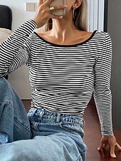 economico T-shirt a righe e geometrico-Per donna Maglietta Stampato A righe Moda Elegante Classico Manica Lunga Girocollo Top Regolari Quotidiano Uscire Weekend Nero Rosa Rosso Blu marino Estate Primavera