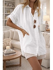 abordables Camisas-Mujer Camisa Algodón Compuesto camisa boho Abotonar Plano Casual Estilo playero Manga Corta Cuello Camisero Tops regulares Negro Blanco Amarillo Rosa Azul cielo Verano