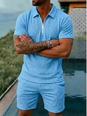 baratos Conjuntos de camisetas básicas masculinas-Homens Conjunto de shorts e camiseta Camisa de golfe Conjunto Polo Manga Curta Lapela Verão Tecido Moda Básico Moderno Jacquard 2 Peças Casual Diário Feriado Azul Preto Branco Top Tee para Homens