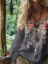 economico Tops Boho-Per donna Camicia Camicia Boho Blusa Stampato Floreale Grafico Bohemien Elegante Classico Manica Lunga Scollo a V Top Regolari Quotidiano Ferie Uscire Grigio scuro Estate Primavera Autunno