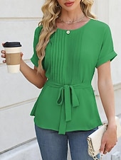 preiswerte Einfache Blusen-Damen Popover-Hemd Sommerhemd Freizeithemd Bluse Gerafft Schnürung Einfach Elegant Stilvoll Basic Kurzarm Rundhalsausschnitt Normale Oberteile Täglich Strand Ferien Blau Schwarz Weiß Grün Sommer