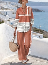 cheap Women's Blouse Suits-Women's Two Piece Sets Linen Like Pants Sets Bolero Top 3/4 Length Sleeve V Neck Graphic Geometric Striped Print Daily Stylish Casual Daily Beach Blue Purple Orange Summer Regular Fit