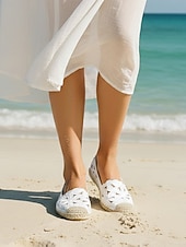baratos Convidado do casamento-sapatilhas femininas de renda branca espadrille – mocassins respiráveis com recortes florais para o verão, praia e passeios casuais