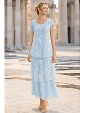preiswerte Knöchellänge-A-Linie Knöchellänge Chiffonkleid Brautmutterkleid Kurzarm Rundhalsausschnitt Rundausschnitt Elegant Vintage Formell Hochzeitsgast Hochzeitsfeier Chiffon Jacquard mit Schleife(n) Blume