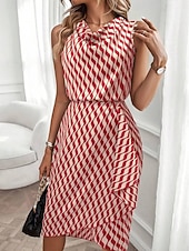 Χαμηλού Κόστους Ριγέ και γεωμετρικό φόρεμα-Γυναικεία Φόρεμα μέχρι το γόνατο Φόρεμα σε ευθεία γραμμή Φόρεμα με δέσιμο στα πλάγια Κομψό Μοντέρνα Καθημερινά ΕΞΩΤΕΡΙΚΟΥ ΧΩΡΟΥ Διακοπές Κανονικό Γεωμετρικό Αμάνικο Με σούρα στο λαιμό