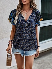 preiswerte Blumenblusen-Damen Bluse Druck Blumen Bohemien Vintage Lässig Kurzarm V Ausschnitt Normale Oberteile Täglich Ferien Ausgehen Blau Rote Braun Aprikose Sommer Frühling