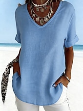 baratos Camisas-Mulheres Camisa Social Blusa Tecido à moda Clássico Moderno Manga Curta Decote V Tops regulares Diário Feriado Para Noite Azul Branco Cinzento Verão Primavera