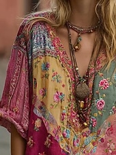 billiga Boho-toppar-Dam Skjorta Linneskjortor i bomull Boho skjorta Blus Lappverk Mönster Blommig Grafisk bohemliv Stylish Etnisk Halvlång ärm V-hals Vanliga toppar Dagligen Helgdag Utekväll Rubinrött Sommar Vår