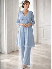 お買い得  ママのパンツスーツ-ドレスセット フロア丈 ブライドマザー ドレス 長袖 Vネック エレガント シンプル ウェディングゲスト ソリッドカラー付き