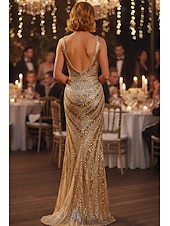 お買い得  シースイブニングドレス-タイト／コラム スイープ／ブラシトレーン フロア丈 ウェディングゲストドレス フォーマルドレス イブニングガウン イブニングドレス エレガント きらびやかな セレブスタイル ノースリーブ Ｖネック パーティー 結婚式 バックレス ととも​​に グリッター素材 スパンコール スリット