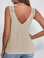 ieftine Rezervor simplu-Pentru femei Tricou Bluză Tee Top Dantelă Culoare solidă Grafic Simplu Modă Clasic Casual Fără manșon În V Topuri obișnuite Zilnic Ieșire Sfârșit de săptămână Negru Roz Îmbujorat Roșu-aprins Kaki Gri