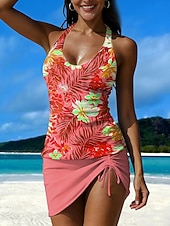 Χαμηλού Κόστους Τανκίνι-Γυναικεία Μαγιό τανκίνι Φούστα Μαγιό Κομψό Διακοπές Φλοράλ Γραφική Λαιμός Αμάνικο Μαγιό