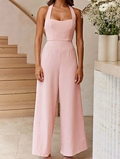 billige Jumpsuits-Dame Normal Kjeledresser Elegant Helfarge Ermeløs Bred Bukseben Grimehals Åpen rygg Daglig Feriereise Løstsittende Hvit Lysegrønn Rosa Sommer