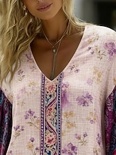 Χαμηλού Κόστους Πουκάμισα-Γυναικεία Πουκάμισο Μπόχο πουκάμισο Λινό από ψεύτικο βαμβάκι Στάμπα Φλοράλ Γραφική Λαχούρι Βοημία Βίντατζ Κλασσικό Μακρυμάνικο Λαιμόκοψη V Κανονικά μπλουζάκια Καθημερινά Αργίες Εξόδου Βυσσινί