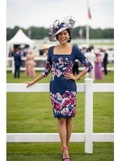 abordables Longitud del té-Funda Columna Hasta la Rodilla Vestido Cóctel Vestido Invitada Boda Vestido Derby Vestido de Madrina Manga 3/4 Escote Cuadrado Elegante Formal El derby de Kentucky Satén con Estampado flor