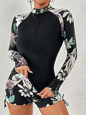 levne Tankiny-Dámské Plavky Tankini 2 ks Kraťasy Plavky Zaštíhlující Vysoký pas Štíhlý prázdniny Oblečení na pláž Květinový Stojáček Dlouhý rukáv Plavky