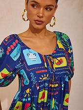 economico abito casual stampato-Abito lungo in raso a trapezio con motivi geometrici, perfetto per una fuga estiva.