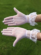 baratos Casamento ACC-Luvas femininas elegantes em poliéster com renda, luvas formais pretas e brancas para casamentos, jantares e óperas, acessórios sofisticados para vestidos de noiva em ocasiões especiais.