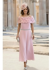 cheap Ankle Length-A-Line Ankle Length Tea Length Cocktail Dress Wedding Guest Dress Mother of the Bride Dress Sleeveless Off Shoulder Elegant Simple Minimalist Formal Wedding Guest Chiffon with 3D Flowers Crystals