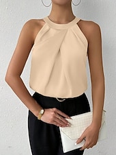 tanie Zwykły zbiornik-Damskie Elegancki Top satynowy Satynowa koszula Koszula obozowa Z marszczeniami Jednokolorowe Elegancki Podstawowy Codzienny Bez rękawów Kantarka Zwykłe topy Codzienny Święto Wyjściowe Czarny Biały
