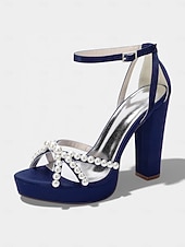cheap Bride-Women's Ivory Platform Chunky Block Heel Sandals, Pearl-Embellished Ankle Strap Bridal Shoes for Church Weddings