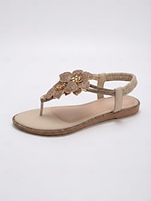 abordables Flat Sandals-Women's Gold Floral Thong Sandals - Elegant Shimmering Flat Sandals with 3D Flower Detail, Comfortable Strappy Dress Shoes for Resort Evenings, Vacation Dinners &amp; Cruise Wear
