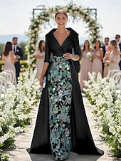 economico Lunghezza del pavimento-Linea ad A Tubino Colonna Lunghezza al pavimento Perline ricamate Abito da invitata a nozze Abito Formale Abito da cerimonia per signora Manica 3/4 Scollo a V Colletto a Camicia Elegante Vintage