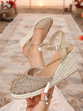 abordables Femmes-Espadrilles compensées blanches en dentelle pour femmes - élégantes sandales à plateforme crochetées à bout fermé et bride cheville, chaussures confortables pour les vacances d'été à la plage.
