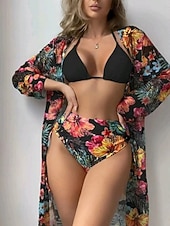 tanie 3-częściowy zestaw bikini-Damskie Stroje kąpielowe Bikini Trzyczęściowy Majtki Kostium kąpielowy Szczupła Odkryte plecy Urlop Stroje plażowe Kwiaty Kantarka Długi rękaw Kostiumy kąpielowe