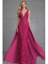 baratos Vestidos de baile-Sereia Longo Vestidos de noite Vestido de baile com sobressaia Vestido formal Elegante Sem Manga Decote V Casamento Formal Cetim Renda Sem parte Traseira com Bordado Apliques