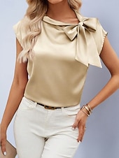 billiga Kostymblusar-Dam Skjorta Satinskjorta Blus Slät Stylish Grundläggande Klassisk Kortärmad Knyt hals Vanliga toppar Dagligen Helgdag Utekväll Gul Ljusgrön Orange Grön Sommar Vår