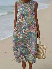 abordables Robes fleuries-Femmes Robe Midi Robe Décontractée Robe d'Été Robe fourreau ancien Quotidien Extérieur Vacances Coupe Ample Fleuri Sans manches Col ras du cou Bleu Vert Été Printemps