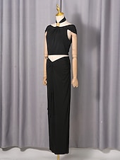 abordables Semi-formal / Cóctel-Two Piece Sheath Column Floor Length Wedding Guest Dress Wedding Guest Dresses Elegant Daily Cap Sleeve Halter Neck Garden Party Wedding with Ruched