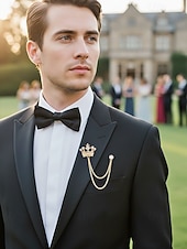 levne Svatba ACC-Pánská klopová brože s korunkou a řetízkem, materiál slitina, dostupné ve zlaté a stříbrné barvě, ideální pro svatby a večírky