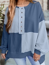 Недорогие Простые худи-Жен. Pullover Толстовки Пэчворк Пуговицы Контрастных цветов Мода Классика Современное Длинный рукав Вырез под горло Обычные топы Для улицы На каждый день Синий Черный Розовый Небесно-голубой Зеленый