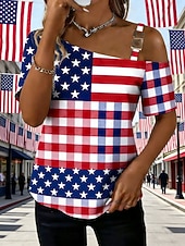 preiswerte Unabhängigkeitstag Top-Amerikanischer Unabhängigkeitstag Damen T Shirt T-Shirt Druck Grafik Karomuster Amerikanische Flagge Mode Stilvoll Klassisch Kurzarm Ein-Schulter Normale Oberteile Täglich Ausgehen Wochenende Rote